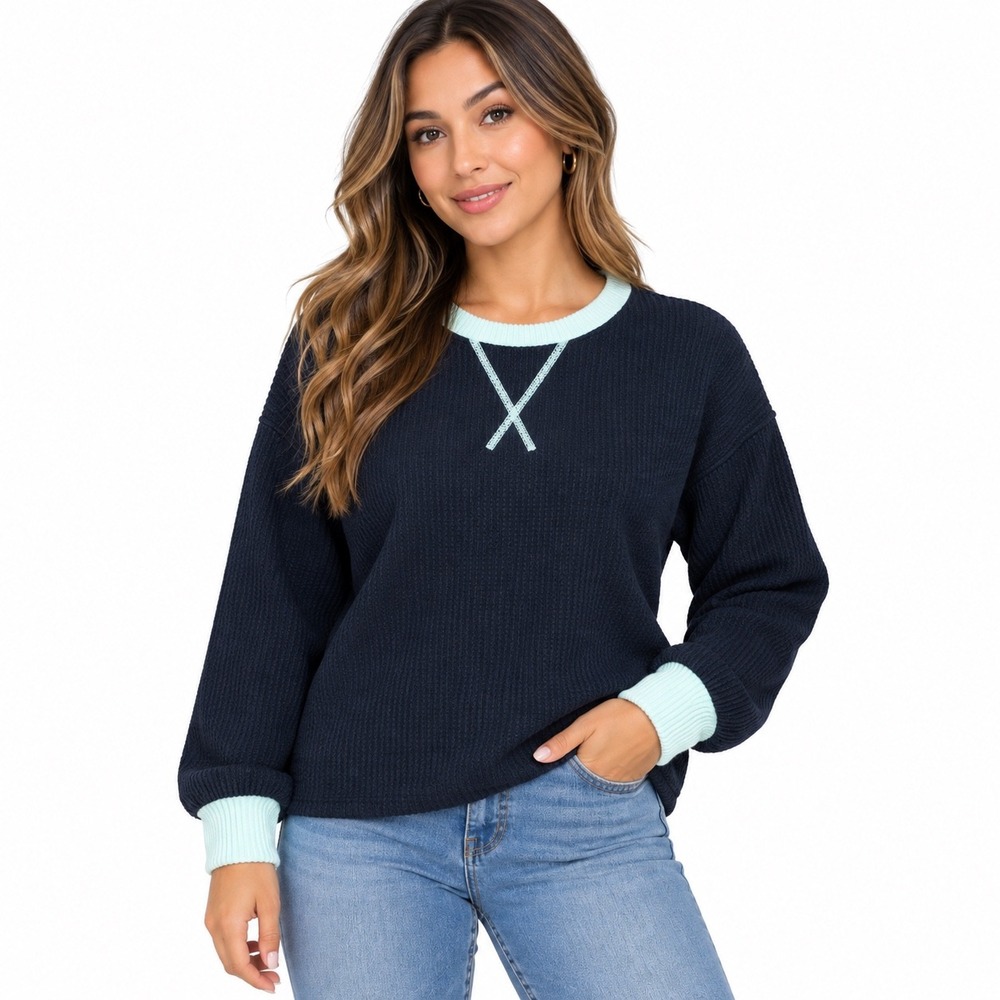 Zenana Waffle Knit Pullover Sweatshirt Black Mint Trim RTL-8651 Womens Small